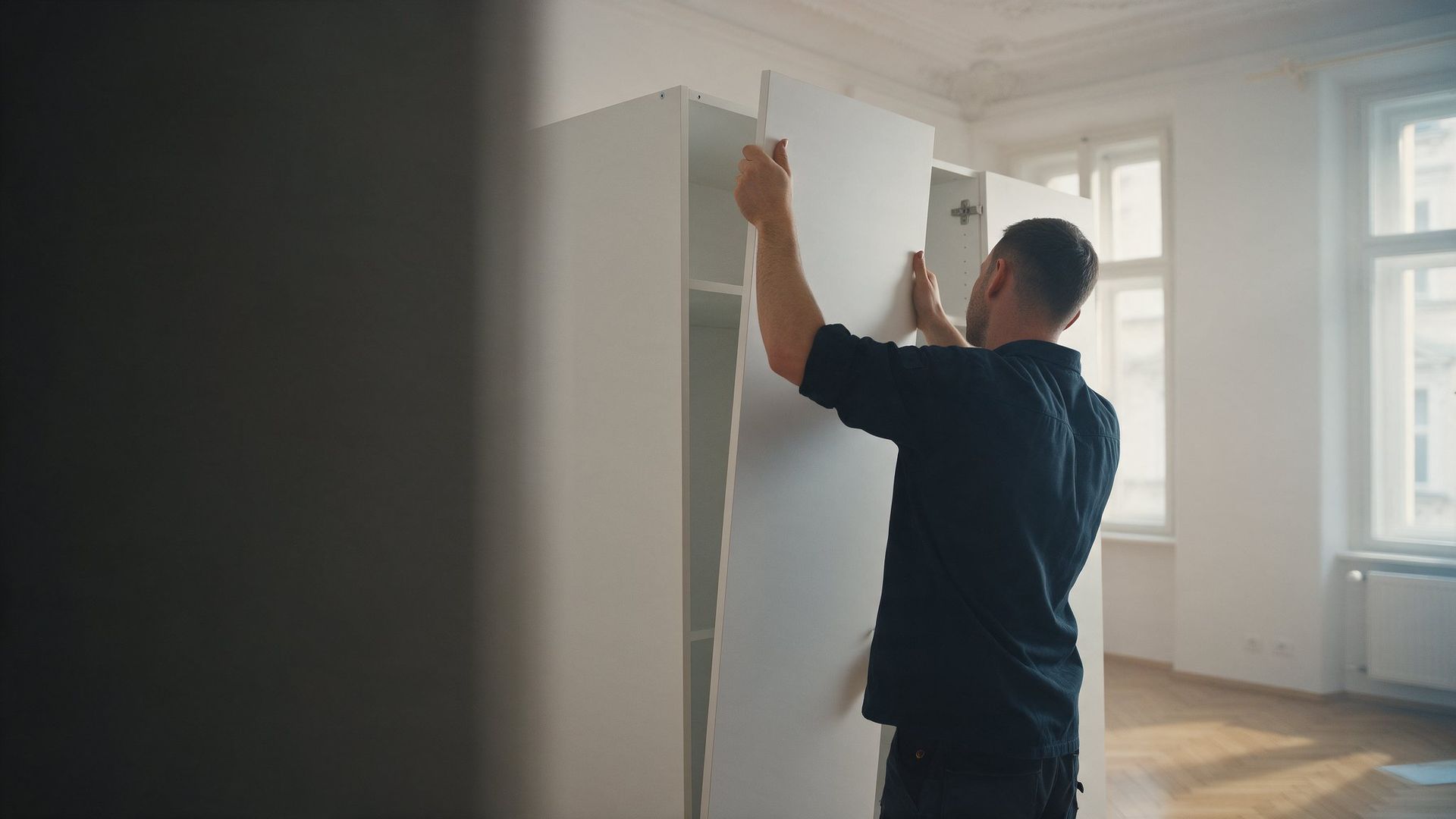 Monteur hängt die Tür eines weißen Kleiderkastens in einer hellen Altbauwohnung ein