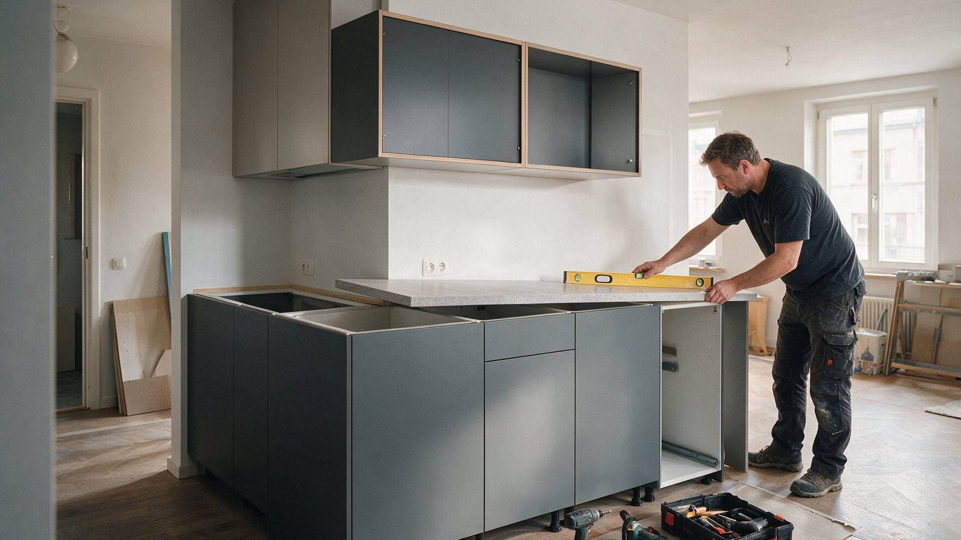 Monteur legt eine Wasserwaage auf die Arbeitsplatte einer neuen Küche