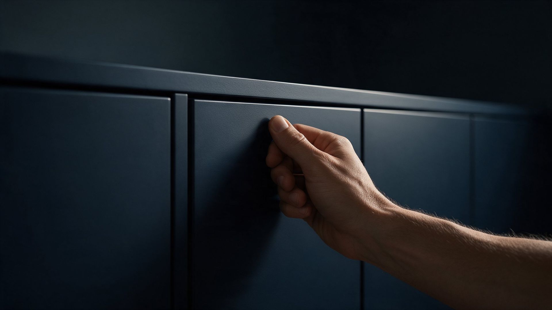 Männerhand schließt eine bündig sitzende dunkelblaue Kastentür